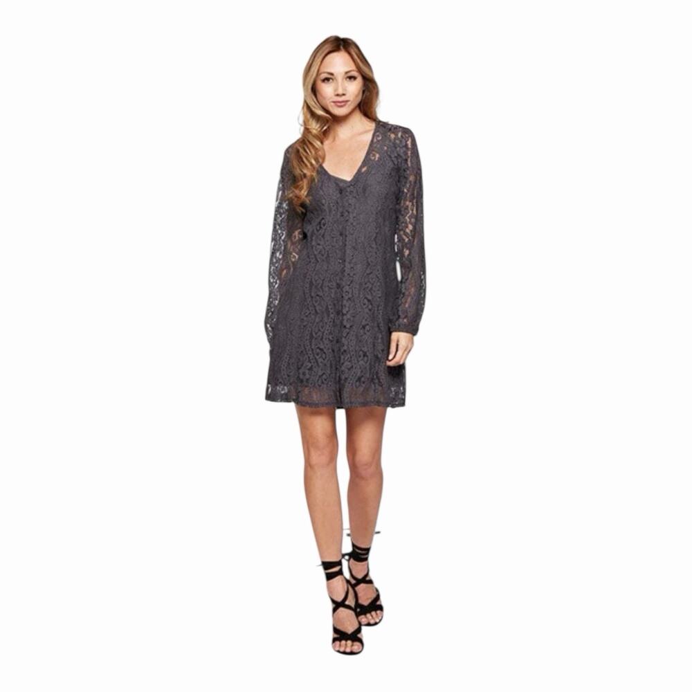 LoveStitch NWT Romantic Lace Mini Dress Charcoal Gray Long Sleeve Women’s Medium